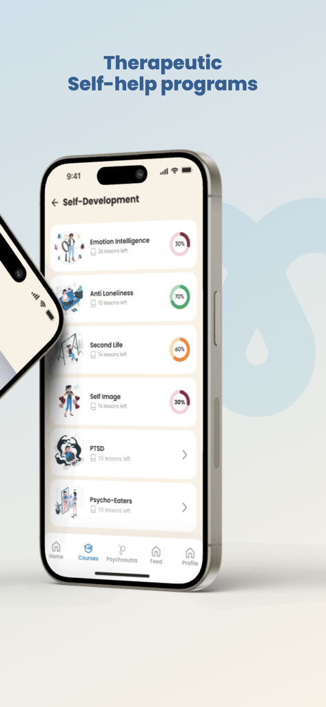 Mindspa - Mindspa app interface displaying therapeutic self help programs for emotional intelligence and loneliness