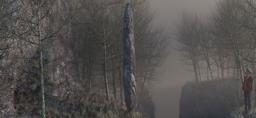 Aviator standing in a misty forest near a mysterious monolith in the survival game