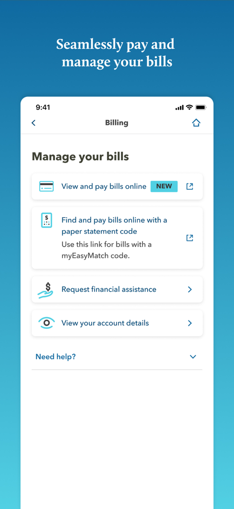 Allina Health - Billing screen in the Allina Health app showing options to view and pay bills online, request financial assistance, and view account details.
