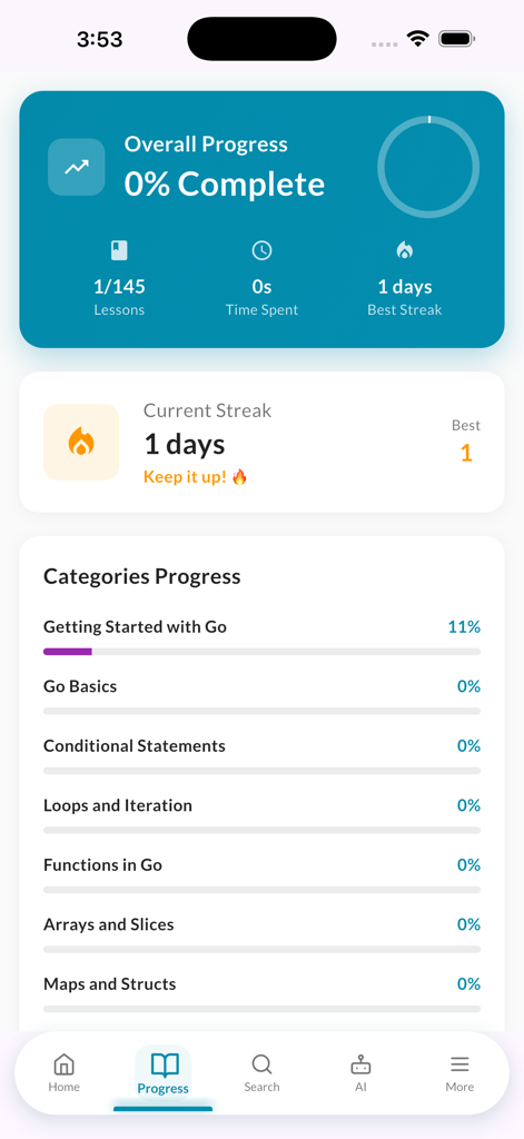 A progress tracking dashboard for the GoLang Pro coding app showing lesson completion and daily streaks.