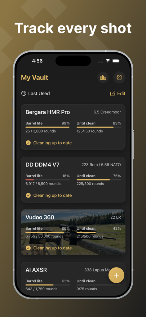 ShotStat - ShotStat app My Vault screen displaying barrel life and cleaning status for multiple rifles