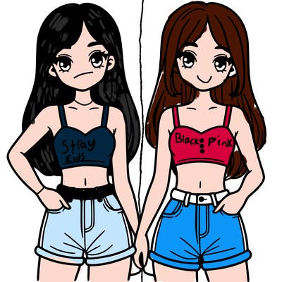 two sisters with crop tops and jean shorts and straight hair