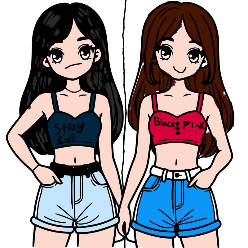 two sisters with crop tops and jean shorts and straight hair