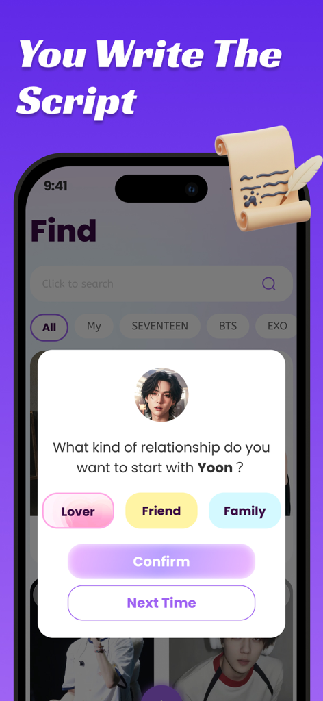 Interface of OppaYa app where users can choose a relationship type like lover friend or family with a virtual idol