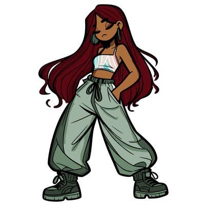 girl in baggy pants crop top and long hair