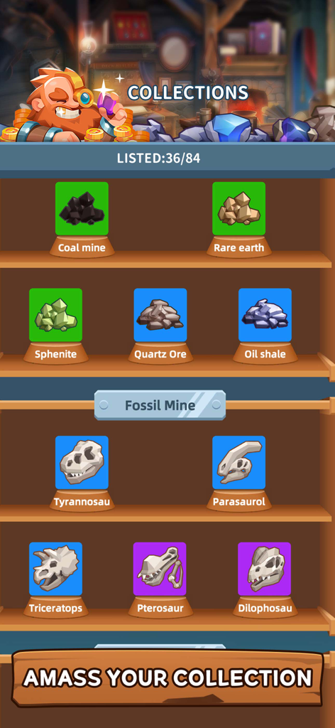 Una pantalla de colección en Idle Mining Factory Tycoon que muestra minerales descubiertos y fósiles de dinosaurios