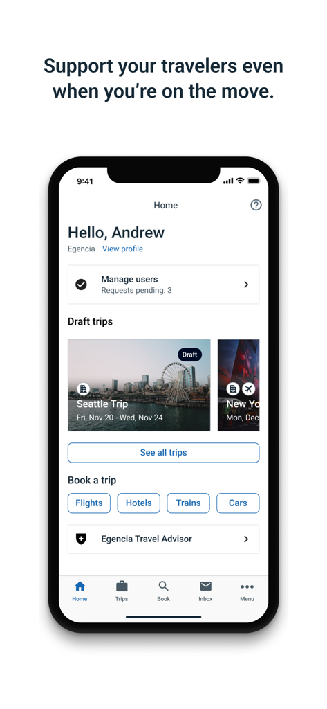 Egencia mobile app home dashboard for managing corporate travel and booking flights and hotels.