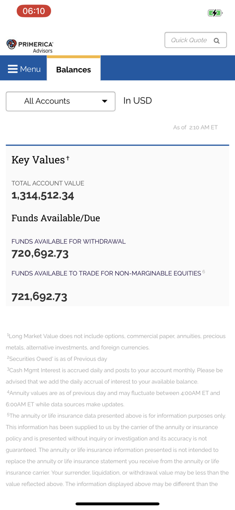 Primerica Advisors - Primerica Advisors app interface showing total account value and funds available for withdrawal