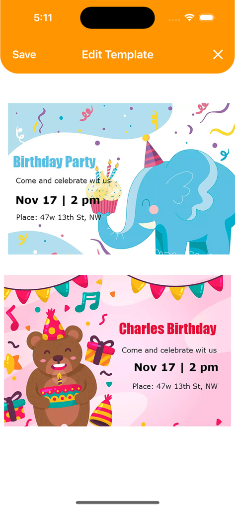 Birthday Invitations Maker - Mobile app interface showing two birthday invitation templates featuring a blue elephant and a brown bear for a kids party