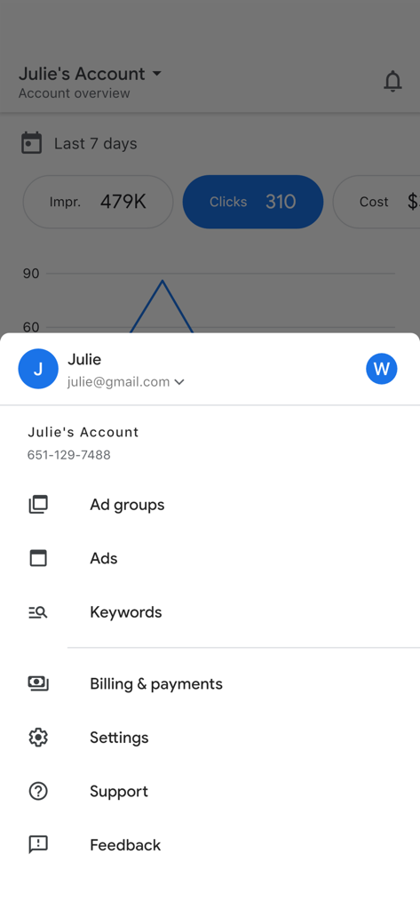 Navigation menu in the Google Ads mobile app showing options for ad groups keywords and billing