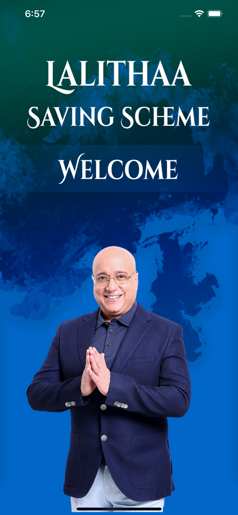 Lalithaa Jewellery - Lalithaa Jewellery Saving Scheme app welcome screen featuring a man in a traditional namaste greeting pose