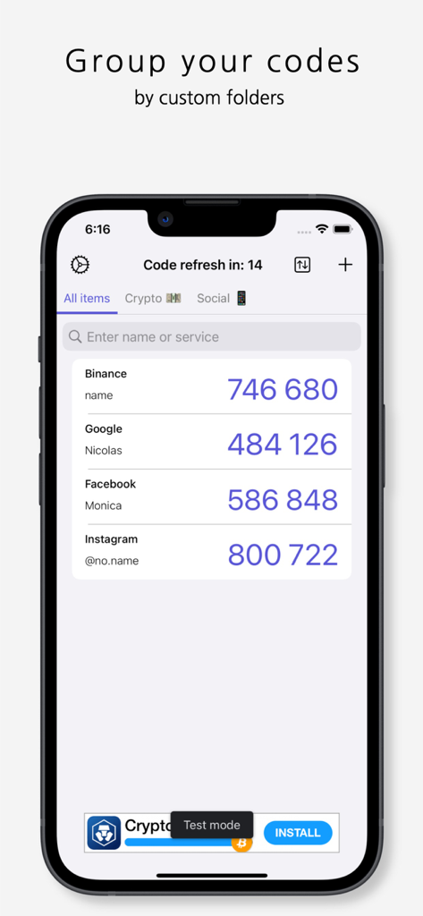 2FA: TOTP authenticator - Pantalla de la aplicación 2FA Authenticator mostrando códigos de autenticación de dos factores organizados en carpetas personalizadas.