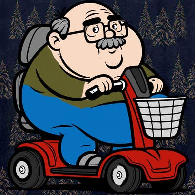 a fat guy in a mobility scooter