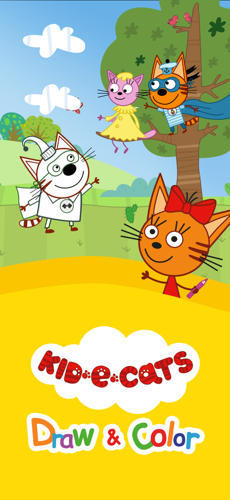 Kid-E-Cats: Draw & Color Games - Main title screen of Kid-E-Cats Draw and Color Games app featuring cartoon cat characters
