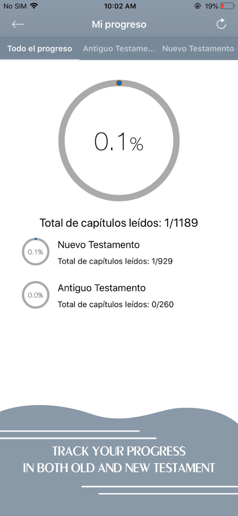La Biblia · - Une capture d'écran de l'interface de suivi de progression de l'application La Biblia montrant les pourcentages de lecture de l'Ancien et du Nouveau Testament en espagnol