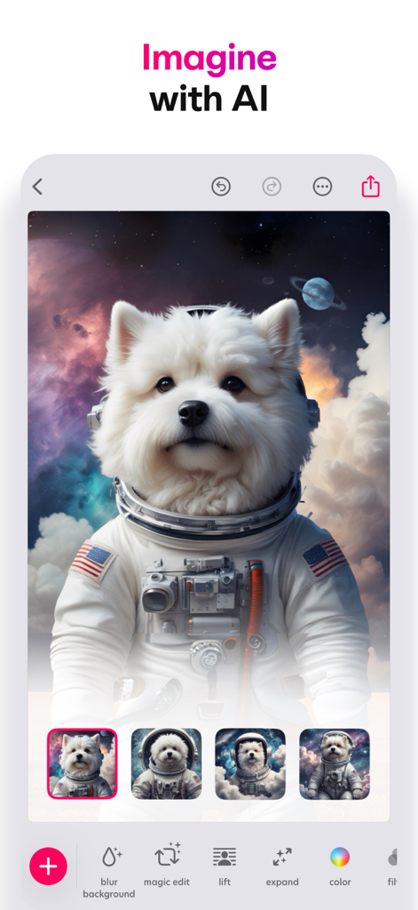 Bazaart app interface showing a white dog in an astronaut suit with Imagine with AI text