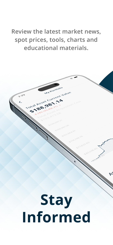 APMEX: Buy Gold & Silver - Pantalla de cartera de la aplicación APMEX que muestra el valor total de los activos y gráficos de rendimiento del mercado.