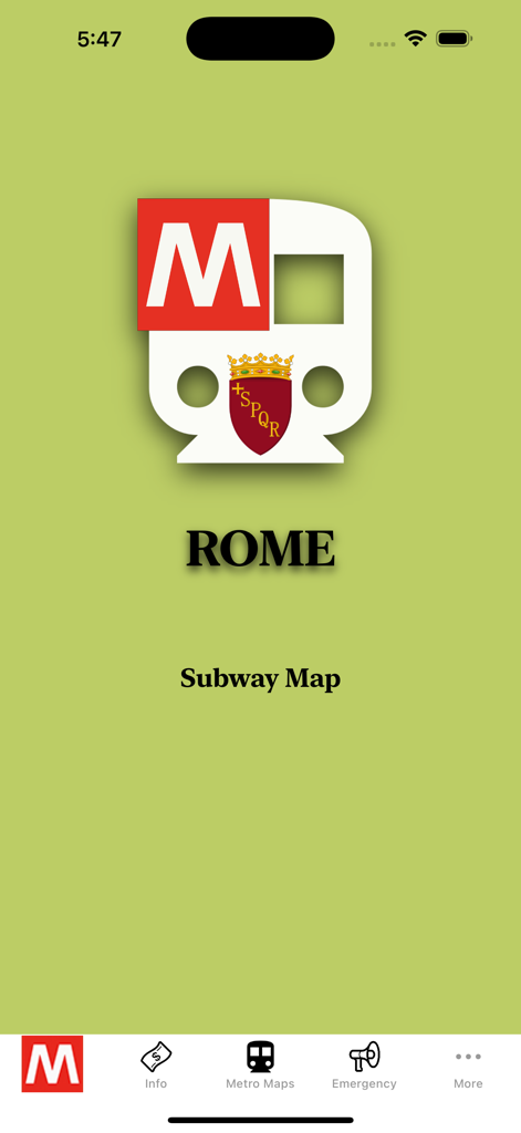 Schermata principale dell'app Rome Subway Map con un'icona di treno e il logo SPQR.