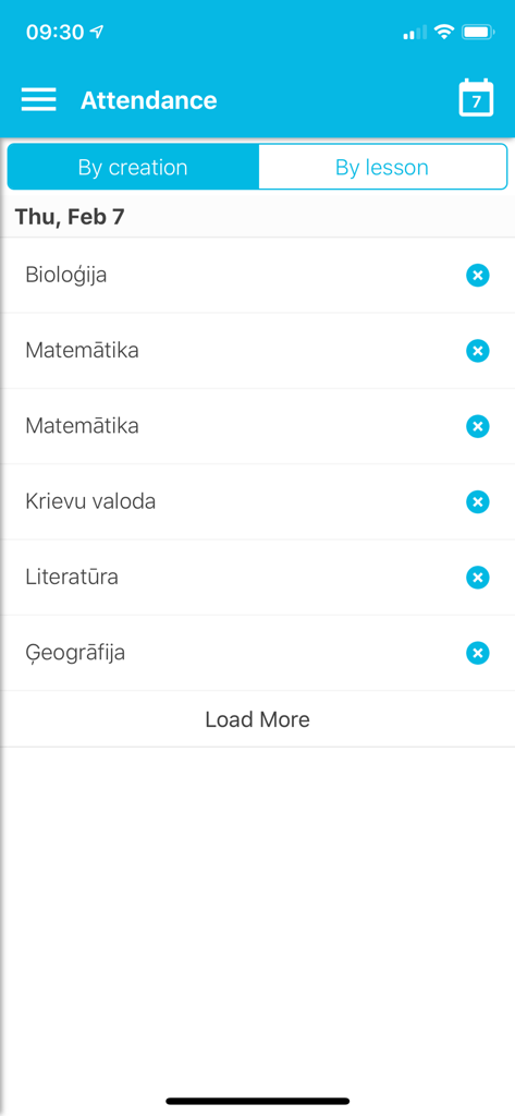 Attendance log interface in the Mykoob app showing student absences by subject.