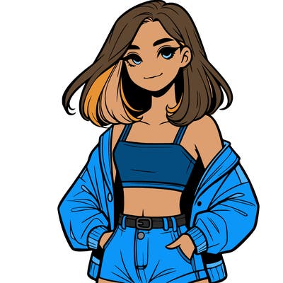 a realistic girl with a crop top and short shorts in an open jacket