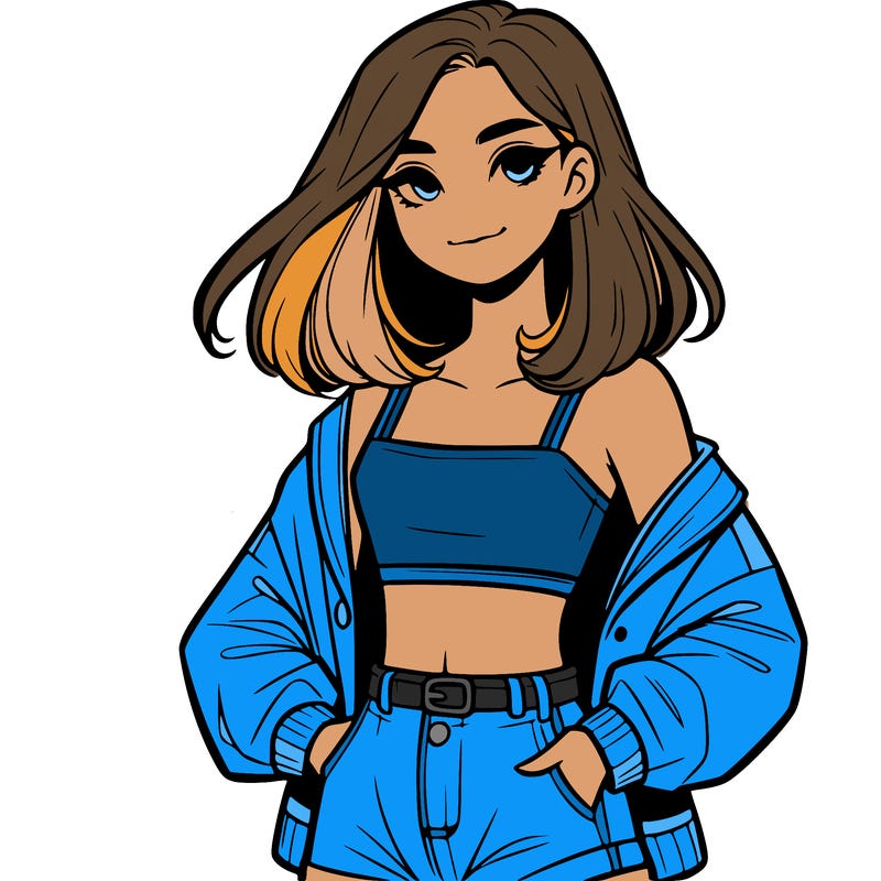 a realistic girl with a crop top and short shorts in an open jacket