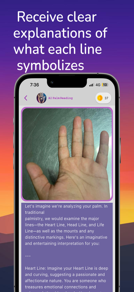 Palmistry GPT-AI Palm Reading - Benutzeroberfläche der Handlese-KI-App, die einen Handscan und detaillierte Linien-Erklärungen zeigt.
