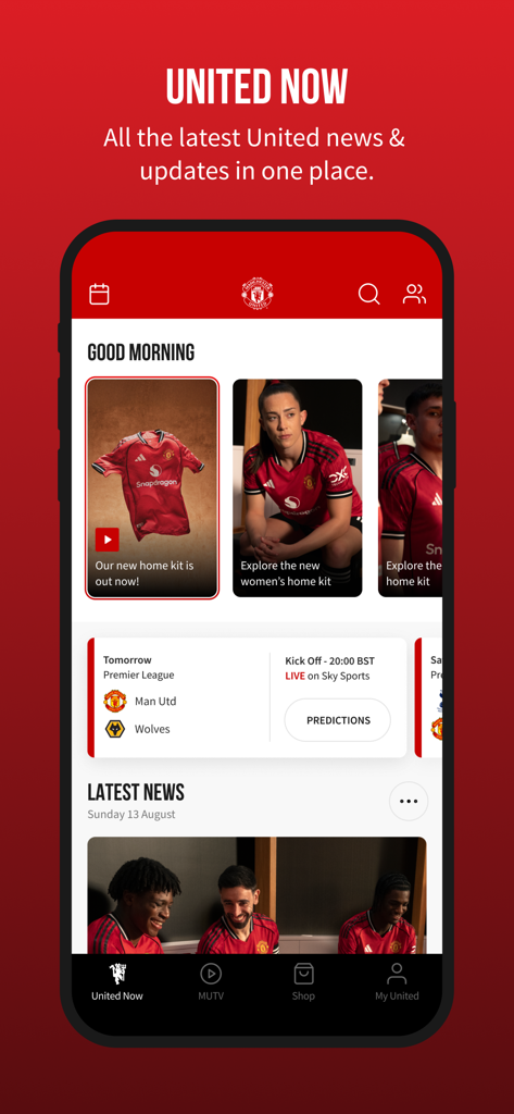 Manchester United official app home screen showing latest news and match updates