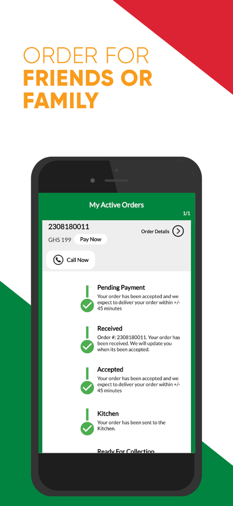 Pizza Inn Zimbabwe - Pizza Inn Zimbabwe app screen showing real-time order status and tracking for family deliveries