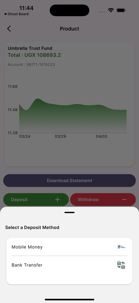 OMIG Wealth app showing the Umbrella Trust Fund performance chart and a deposit method selection sheet.