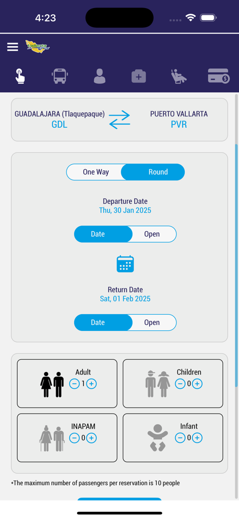 Vallarta Plus - Vallarta Plus app booking screen showing a round trip search from Guadalajara to Puerto Vallarta with passenger selection