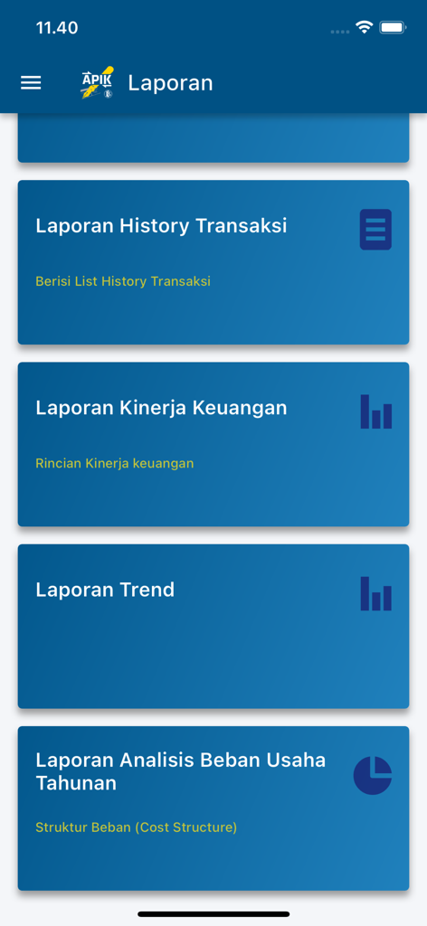 A menu screen in the SIAPIK BI app displaying options for financial reporting such as transaction history, performance, trends, and annual expense analysis.