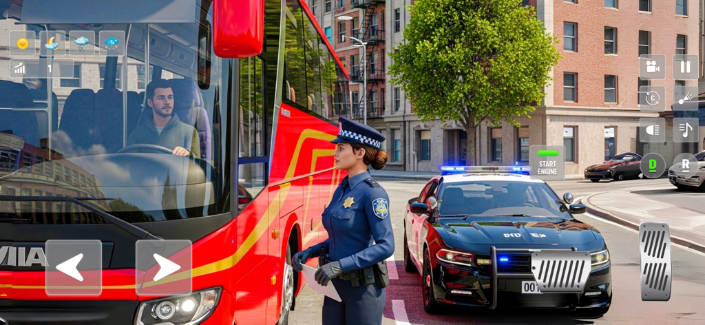 Trip Bus Simulator - Bus Games - Um ônibus vermelho e um policial em uma rua da cidade no Trip Bus Simulator.