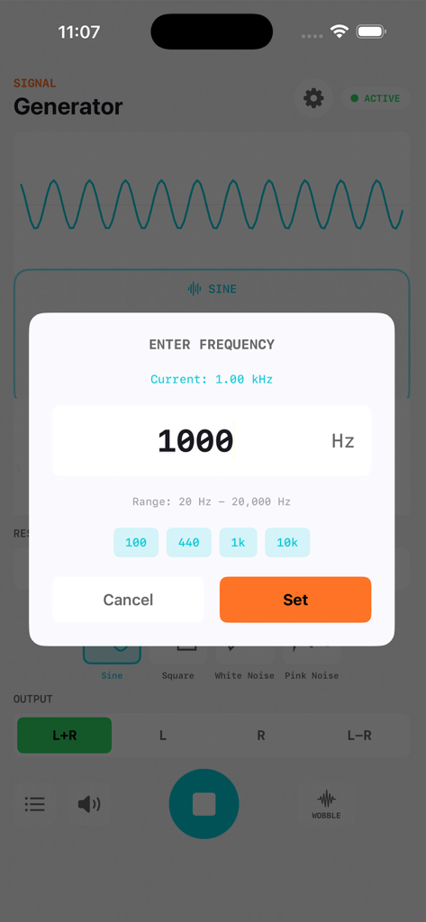 Una finestra modale per inserire una frequenza specifica di 1000 Hz nell'app Signal Generator.