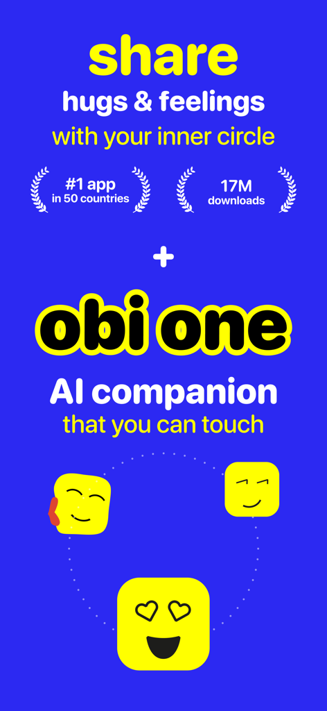 Pantalla promocional de la aplicación Obimy con el compañero de IA Obi One y avatares para compartir abrazos y sentimientos