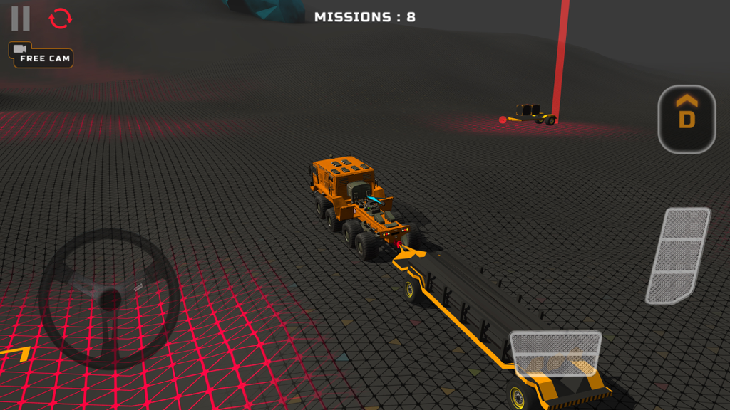 [PROJECT:OFFROAD] - Un camión pesado naranja de 8 ruedas con un remolque largo navegando una misión en un terreno cuadriculado en Project Offroad