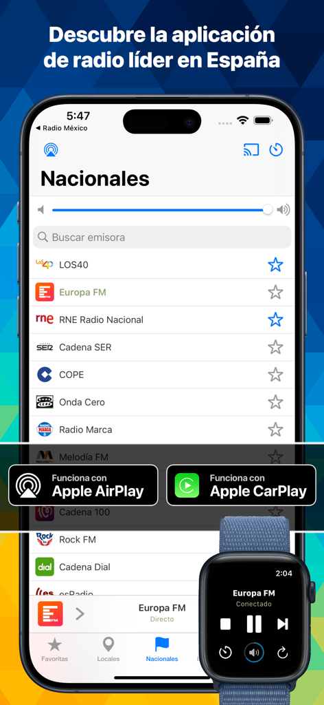 Radio FM: Escucha En Directo - Radio FM app interface showing Spanish national stations with iPhone and Apple Watch integration