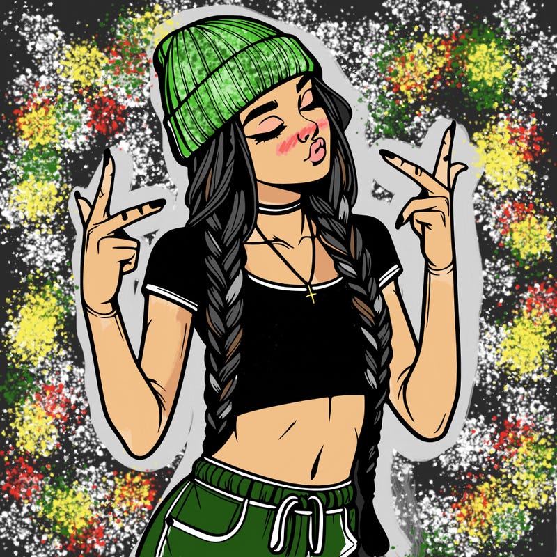 realistic teenage girl with braids and a beanie and crop top doing 🫶🏼