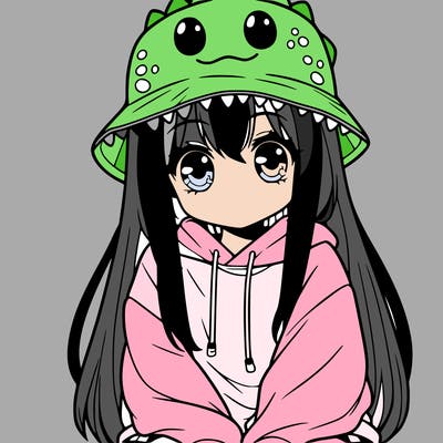 girl with anime shaped eyes with a dinosaur bucket hat oversized sweatshirt long straight hair
