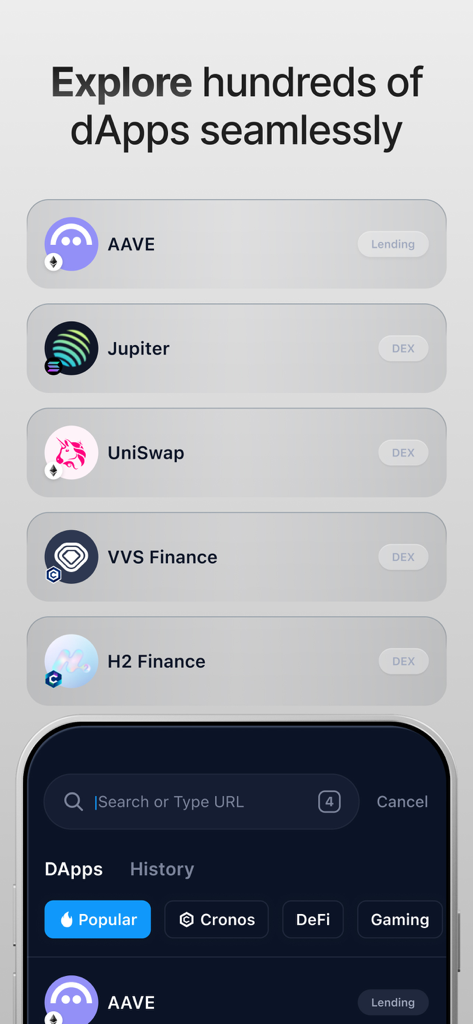 Crypto.com Onchain Wallet interface for exploring decentralized applications like AAVE and UniSwap