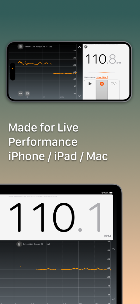 MetroBPM - MetroBPM app interface with live tempo detection and history plot on iPhone and iPad