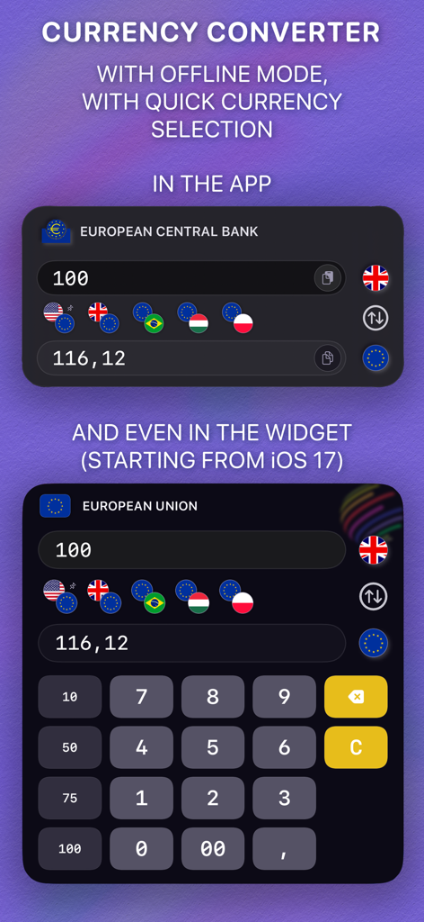 BankOf - Currency Exchange - BankOf app currency converter interface and iOS widget displaying exchange rates from GBP to EUR