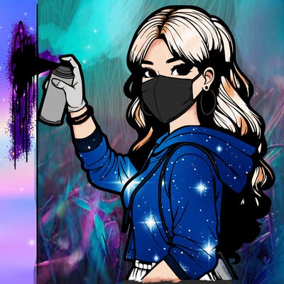 realistic girl with mask spray painting a wall