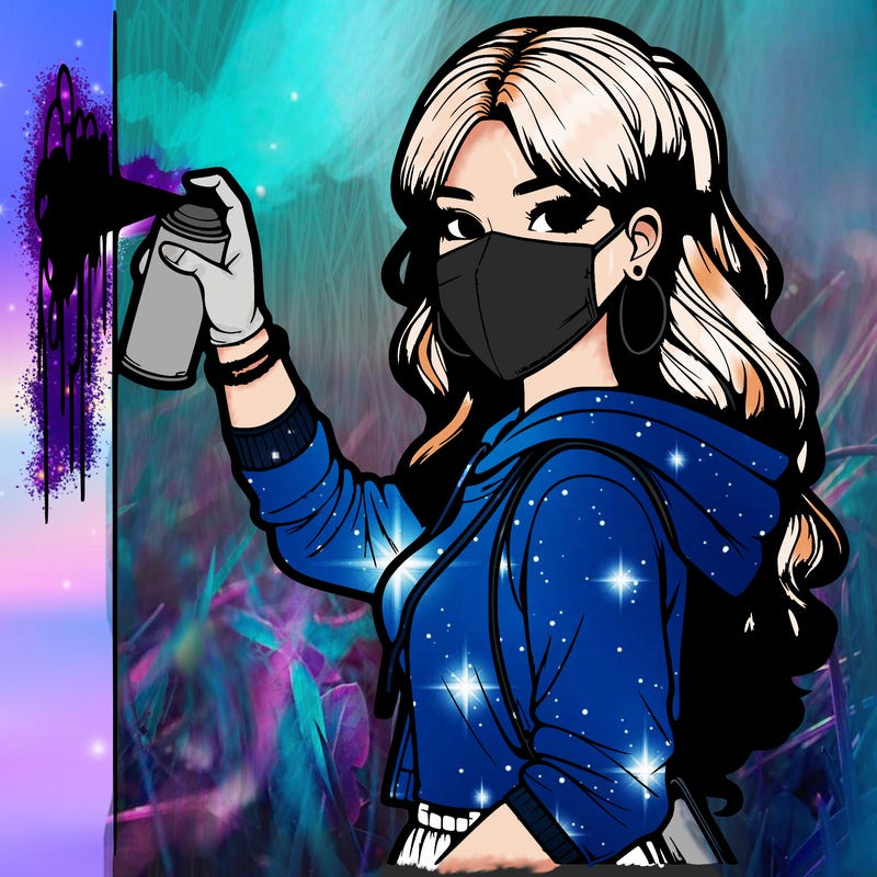 realistic girl with mask spray painting a wall