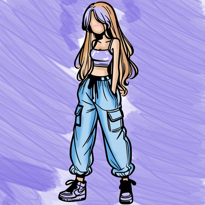 girl in baggy pants crop top and long hair