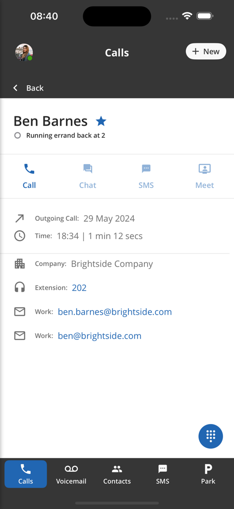 ConnectUC - ConnectUC app displaying contact profile and call history for a business professional.
