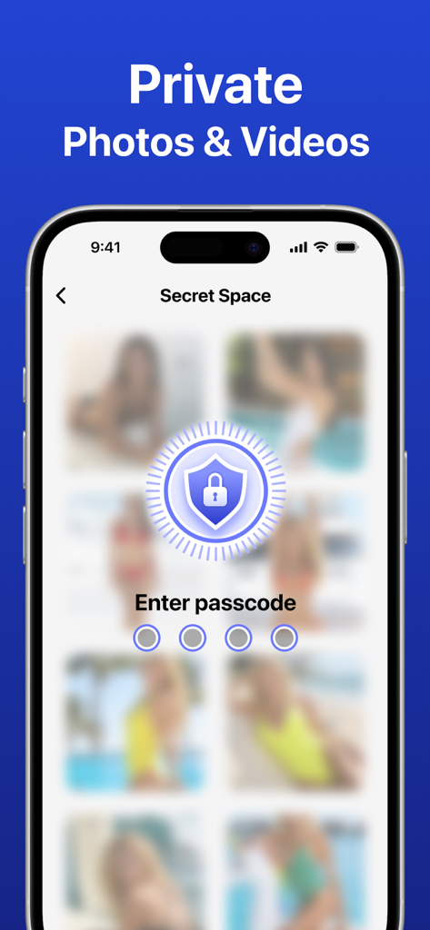 Cleava - Clean Up Storage - Secret Space라는 개인 사진 보관함에 대한 비밀번호 보호를 보여주는 Cleava 앱 인터페이스.