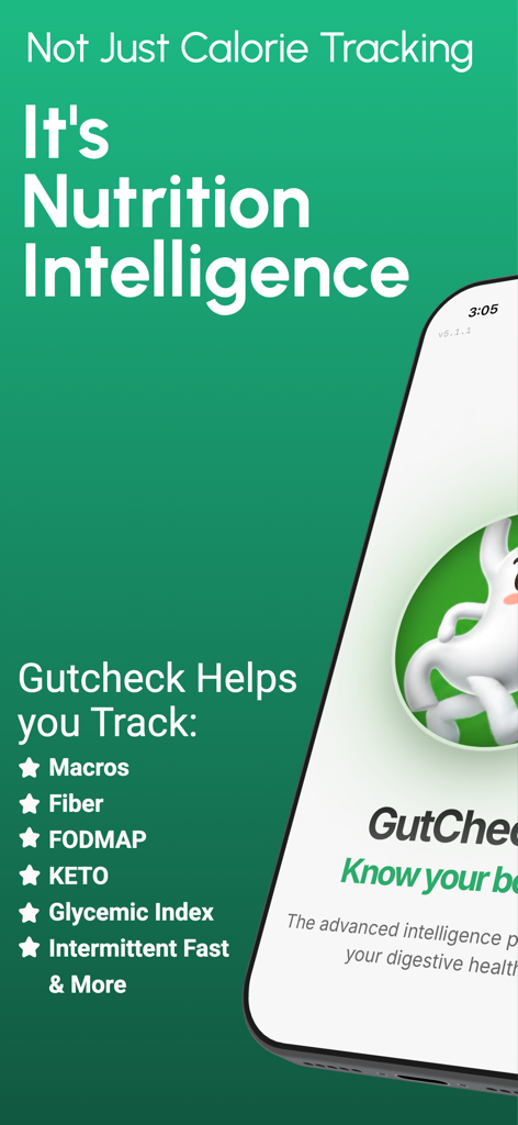 GutCheck: Smart Diet Tracker - GutCheck App-Oberfläche, die Ernährungsintelligenz und Tracking-Funktionen für Makros, Ballaststoffe und Keto hervorhebt