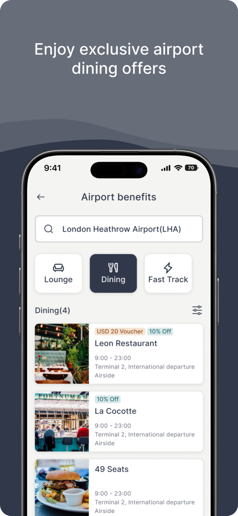 Investec InTransit - Investec InTransit app interface displaying exclusive airport dining offers and restaurant discounts.