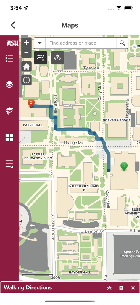 Screenshot of the Arizona State University mobile app showing a campus map with a blue path for walking directions between buildings