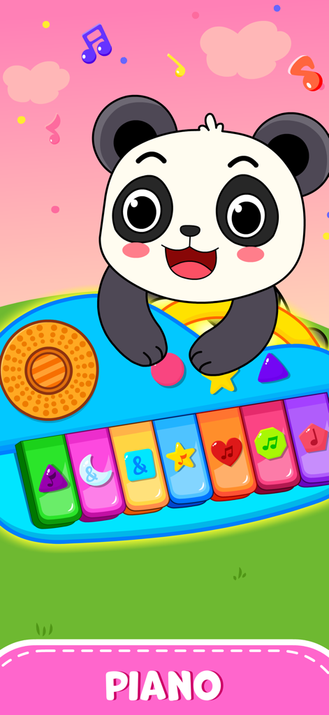 Toddler Games Baby Balloon Pop - 幼児向けの教育音楽ゲームで、かわいいパンダのキャラクターがカラフルなおもちゃのピアノを弾いています。